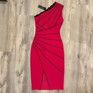 NWT VFShow Hot Pink Black Asymmetrical Midi Bodycon Cocktail Dress Size XS